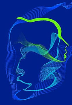 An image with a blue background showing pale blue and green lines forming abstract silhouettes of human faces.