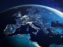 View of Europe and its illuminated countries at night, as seen from space.