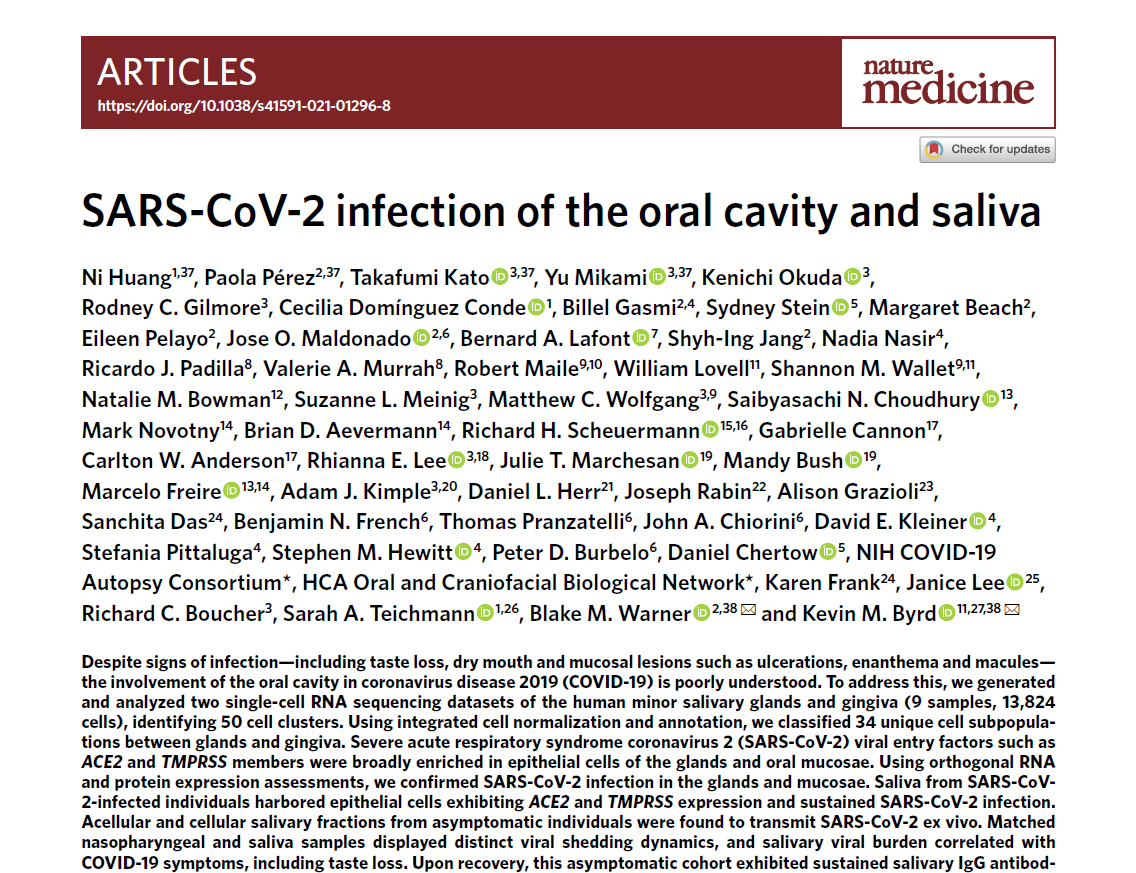 Article by Ni Haung, et. al., titled SARS-CoV-2 infection of the oral cavity and saliva.