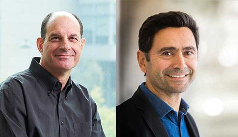 Portrait photo of David Julius.  Portrait photo of Ardem Patapoutian.