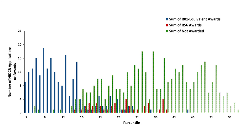 Figure 1: Award status for all competing NIDCR R01 applications in fiscal years 2022‒2024. Because R56 awards are for a shorter period of research support, they are shown separately. Only includes applications submitted in response to Program Announcements (PAs); excludes applications for PARs, PASs, and RFAs.