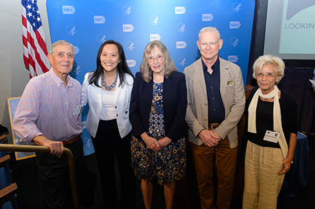 NIDCR Clinical Director Dr. Janice Lee, (second from left) introduced the speakers, including (from left to right) Drs. Allen Spiegel, Pamela Robey, Michael Collins, and Mara Riminucci. 