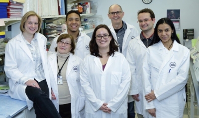 Members of NIDCR's Matrix and Morphogenesis Section (from left): Isabelle Lombaert, research fellow; Elsa Berenstein, biologist; Ellis Tibbs, postbac IRTA; Wendy Knosp, postdoc; Matthew Hoffman, senior investigator and section chief; Joao Ferriera, clinical research fellow; and Vaishali Patel, staff scientist. 