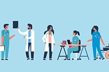 A group of people in scrubs standing around a table, possibly discussing medical procedures or patient care.