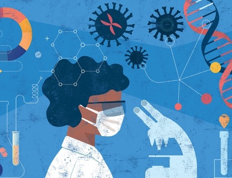 An artistic depiction of a scientist working working in a lab.