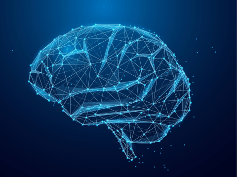 Blue lines create abstract background for brain image.