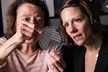 Lisa DeLouise (left), Danielle Benoit (right), and Catherine Ovitt (not pictured) developed a tissue chip (above) with bubble-shaped wells that hold tiny salivary gland-like clusters to screen for drugs that protect the salivary glands from radiotherapy for head and neck cancer. 