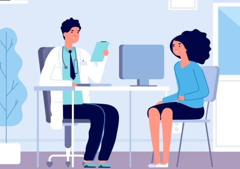 Doctor in a lab coat discussing a medical report with a patient.