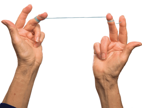 Use a string of floss about two feet long. Wrap it around the middle finger of each hand.