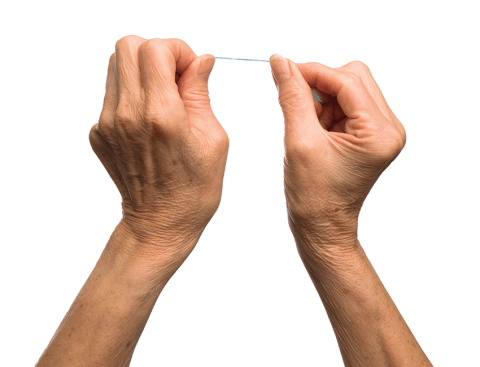 Tome la seda dental entre el pulgar y el índice de cada mano.