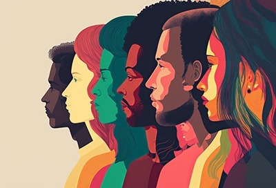 An artistic depiction of people standing next to each other while looking to the left.