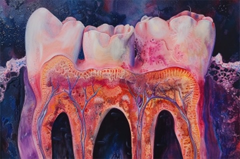Watercolor painting esque image of the molars and roots with the purple gums/backdrop