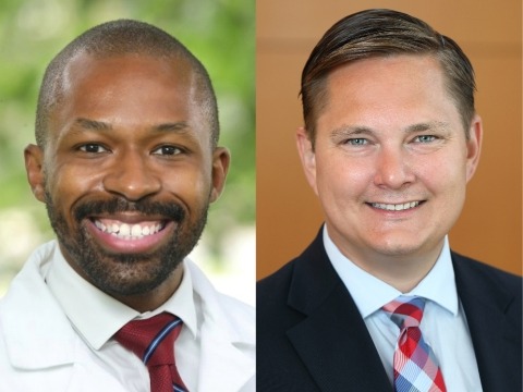 A photo of NIDCR scientists Shaun Abrams, D.D.S., Ph.D., and Blake Warner, D.D.S., Ph.D., M.P.H.