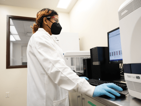 A woman in a lab coat and gloves is focused on her computer, conducting research in a scientific laboratory.