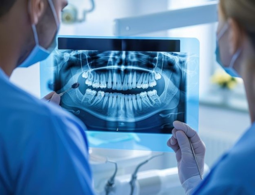 two doctors looking at an xray of teeth