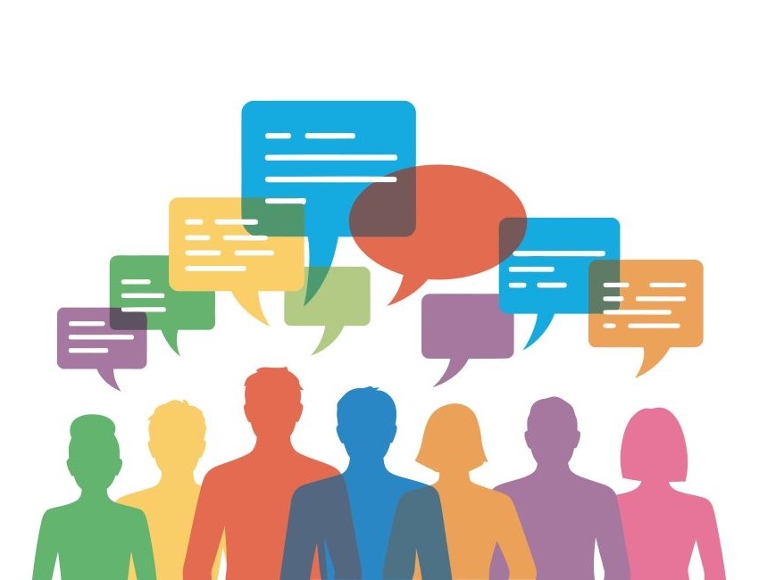 Illustration of a crowd of people with conversation bubbles above their heads