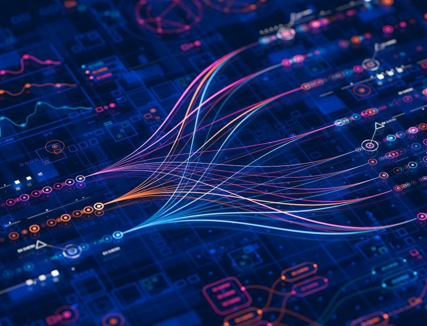 Abstract visualization of data flowing across a digital network, shown as colorful interconnected lines and charts on a dark blue background.