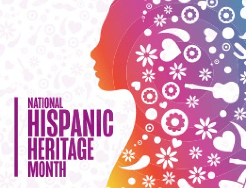 National Hispanic Heritage Month graphic, a face in silhouette and a collage.