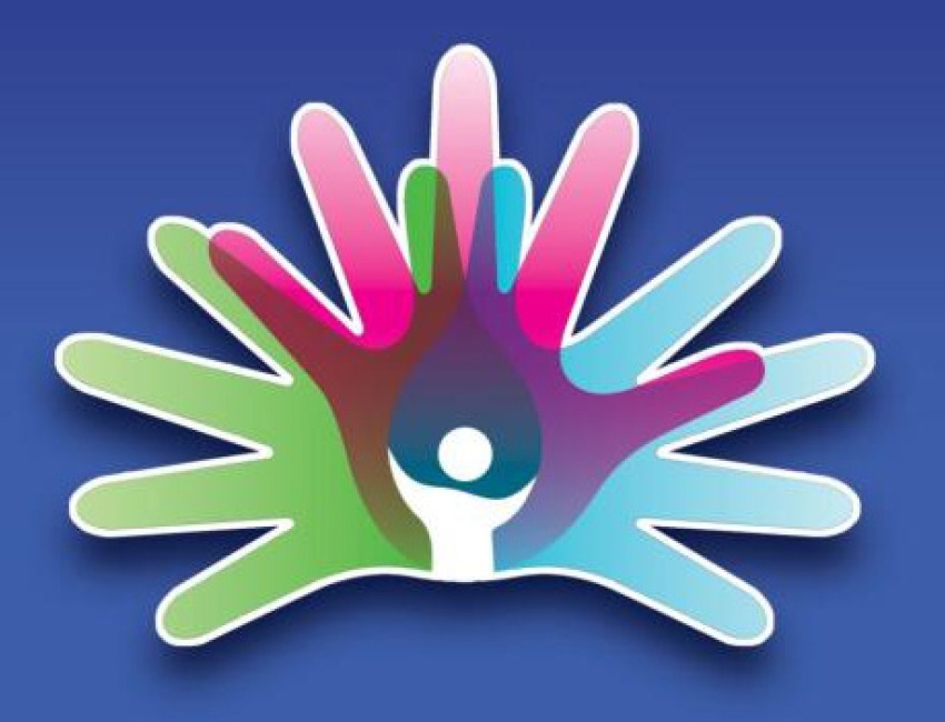 Illustration of a white figure in the middle of several multicolor hands