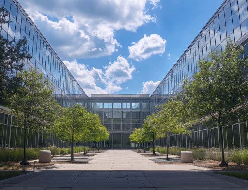 Modern office building with glass facade surrounded by green trees and lawn