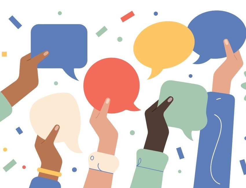 Illustration of hands holding up text bubbles
