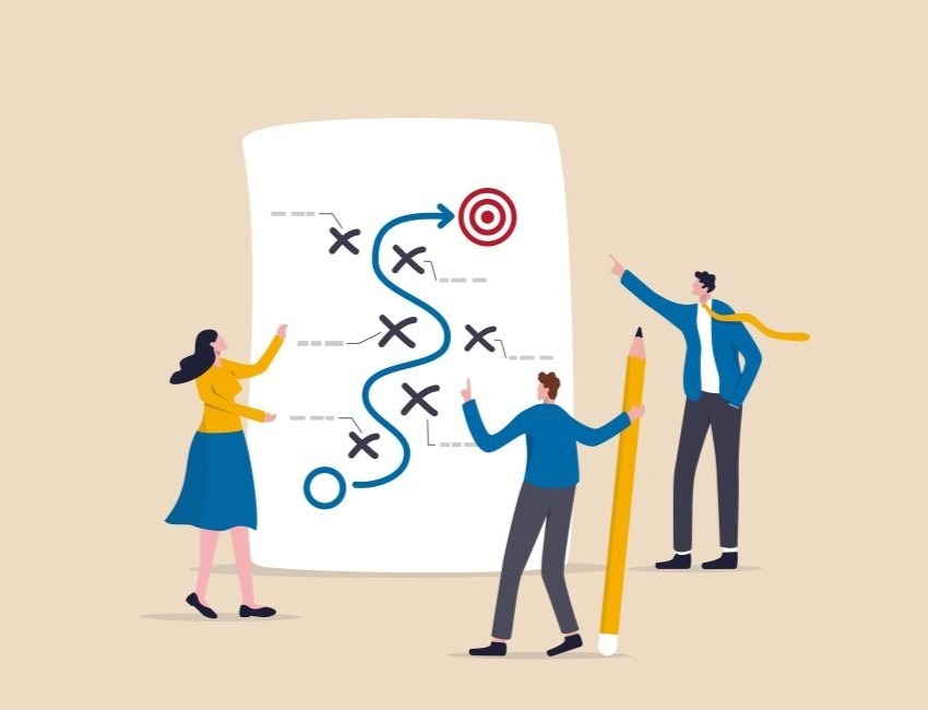 An illustration of three people looking and pointing at a giant piece of paper with xes and a curved line through it