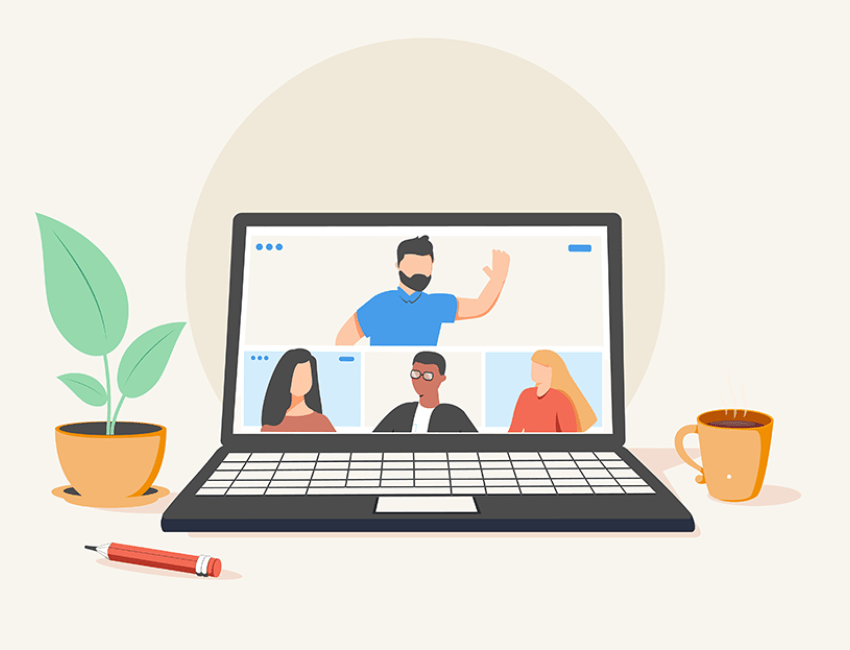 Illustration of a computer with a video chat on the screen, with multiple people on the screen