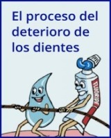Spanish illustration of a saliva droplet and fluoride toothpaste on the same team pulling on a rope in a game of tug-of-war against bacteria and sugars that can eat away at tooth enamel. 