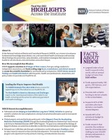 A fact sheet with the title "Fiscal Year 2023 Highlights Across the Institute." Includes four images: a researcher working in a lab, a scientific image, a doctor examining a child's mouth, and two women in a lab looking at test tubes