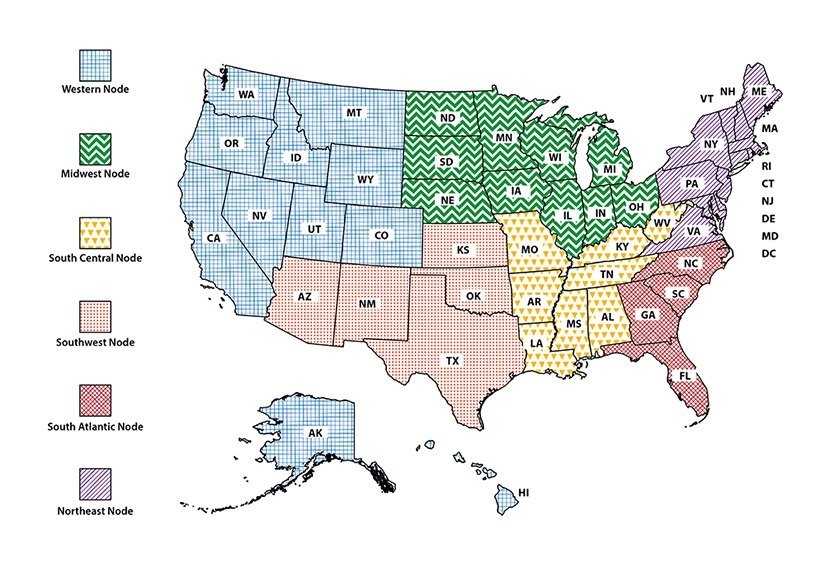 A United States map depicting six regional Nodes of the National Dental Practice-Based Research Network (PBRN). These Nodes are Western, Midwest, South Central, Southwest, South Atlantic, and the Northeast.
